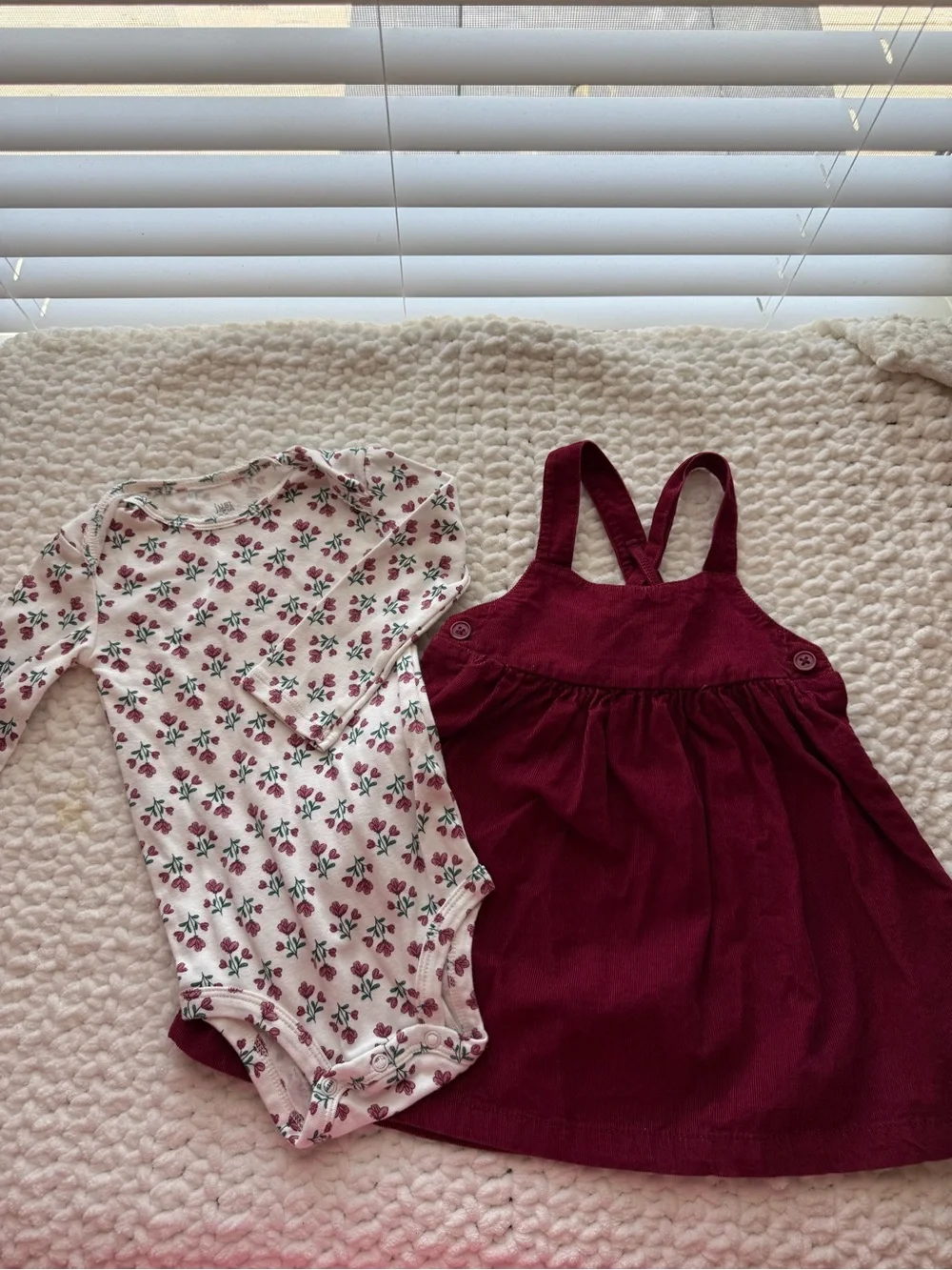 Carter's White Floral Bodysuit & Burgundy Pinafore Dress